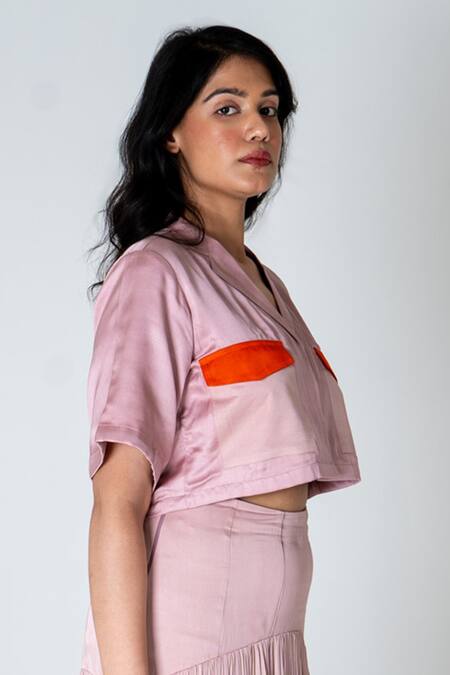 Shop Neora By Nehal Chopra Pink Bemberg Modal Silk Colour Block Lapel Collar Pocket Crop Shirt Online at Aza Fashions Shop_Neora By Nehal Chopra_Pink Bemberg Modal Silk Colour Block Lapel Collar Pocket Crop Shirt _Online_at_Aza_Fashions