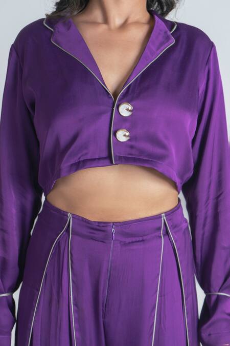 Neora By Nehal Chopra Purple Bemberg Modal Silk Solid Lapel Collar Crop Top Online at Aza Fashions Neora By Nehal Chopra_Purple Bemberg Modal Silk Solid Lapel Collar Crop Top _Online_at_Aza_Fashions