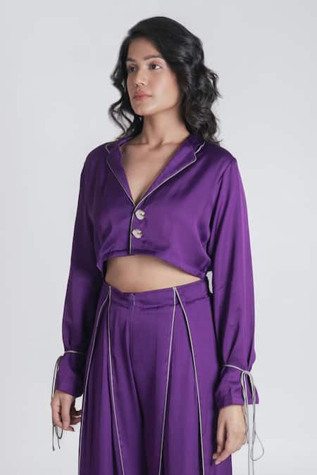 Buy Neora By Nehal Chopra Purple Bemberg Modal Silk Solid Lapel Collar Crop Top Online at Aza Fashions Buy_Neora By Nehal Chopra_Purple Bemberg Modal Silk Solid Lapel Collar Crop Top _Online_at_Aza_Fashions