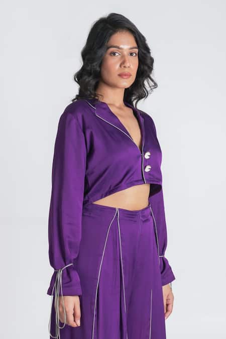 Shop Neora By Nehal Chopra Purple Bemberg Modal Silk Solid Lapel Collar Crop Top Online at Aza Fashions Shop_Neora By Nehal Chopra_Purple Bemberg Modal Silk Solid Lapel Collar Crop Top _Online_at_Aza_Fashions