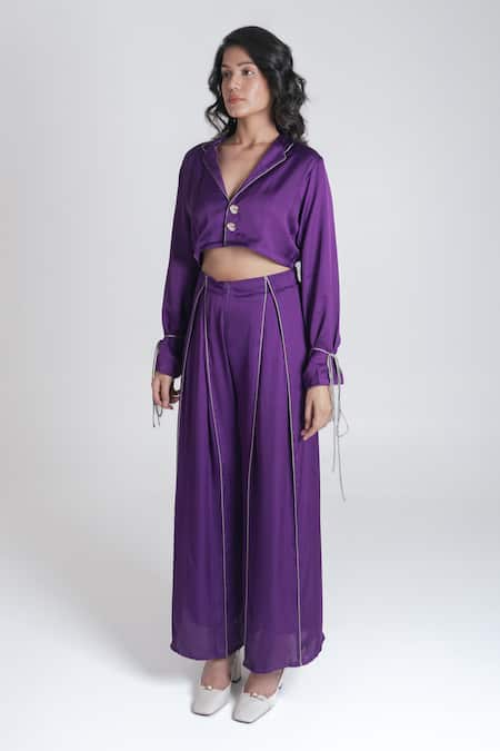 Neora By Nehal Chopra Purple Bemberg Modal Silk Solid Lapel Collar Crop Top at Aza Fashions Neora By Nehal Chopra_Purple Bemberg Modal Silk Solid Lapel Collar Crop Top _at_Aza_Fashions