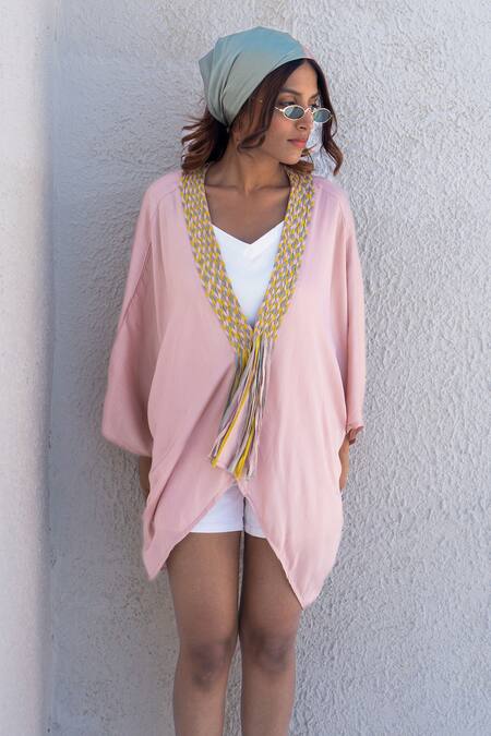 Shop Neora By Nehal Chopra Pink Bemberg Modal Silk Braided Lace Open Border Asymmetric Cape Online at Aza Fashions Shop_Neora By Nehal Chopra_Pink Bemberg Modal Silk Braided Lace Open Border Asymmetric Cape _Online_at_Aza_Fashions