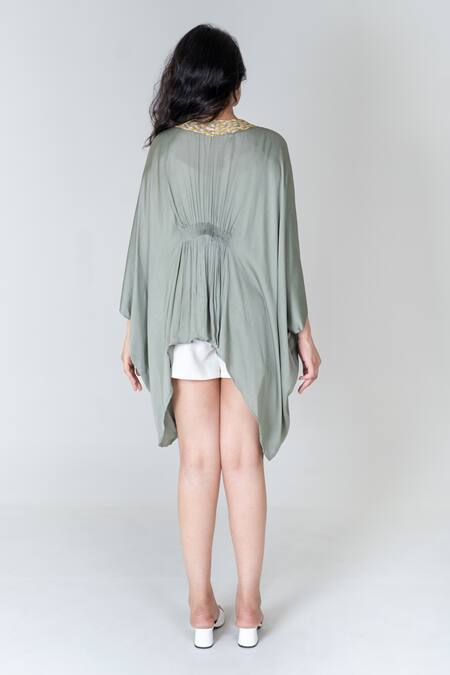 Shop Neora By Nehal Chopra Green Bemberg Modal Silk Braided Lace Open Border Cape at Aza Fashions Shop_Neora By Nehal Chopra_Green Bemberg Modal Silk Braided Lace Open Border Cape _at_Aza_Fashions