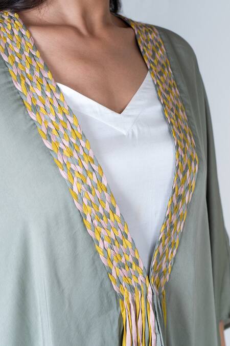 Neora By Nehal Chopra Green Bemberg Modal Silk Braided Lace Open Border Cape Online at Aza Fashions Neora By Nehal Chopra_Green Bemberg Modal Silk Braided Lace Open Border Cape _Online_at_Aza_Fashions