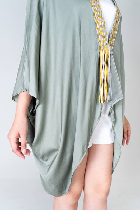 Buy Neora By Nehal Chopra Green Bemberg Modal Silk Braided Lace Open Border Cape Online at Aza Fashions Buy_Neora By Nehal Chopra_Green Bemberg Modal Silk Braided Lace Open Border Cape _Online_at_Aza_Fashions