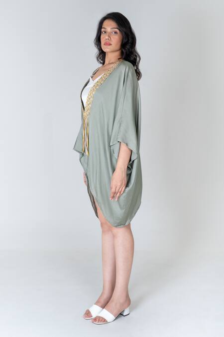 Shop Neora By Nehal Chopra Green Bemberg Modal Silk Braided Lace Open Border Cape Online at Aza Fashions Shop_Neora By Nehal Chopra_Green Bemberg Modal Silk Braided Lace Open Border Cape _Online_at_Aza_Fashions