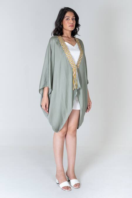 Neora By Nehal Chopra Green Bemberg Modal Silk Braided Lace Open Border Cape at Aza Fashions Neora By Nehal Chopra_Green Bemberg Modal Silk Braided Lace Open Border Cape _at_Aza_Fashions