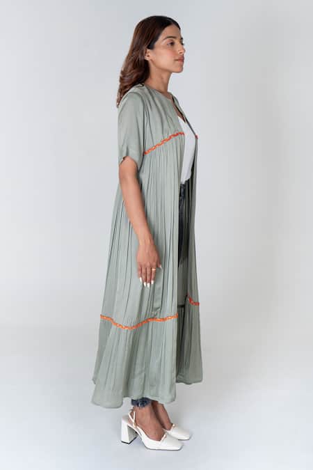 Neora By Nehal Chopra Green Bemberg Modal Silk Braided Lace Open Solid Pleated Cape at Aza Fashions Neora By Nehal Chopra_Green Bemberg Modal Silk Braided Lace Open Solid Pleated Cape _at_Aza_Fashions