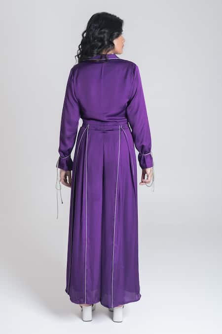 Shop Neora By Nehal Chopra Purple Bemberg Modal Silk Solid Lapel Collar Crop Top With Box-pleat Pant at Aza Fashions Shop_Neora By Nehal Chopra_Purple Bemberg Modal Silk Solid Lapel Collar Crop Top With Box-pleat Pant _at_Aza_Fashions