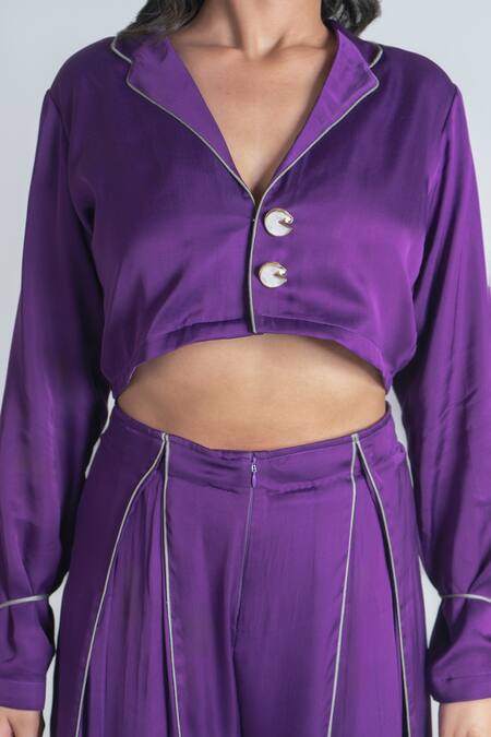 Neora By Nehal Chopra Purple Bemberg Modal Silk Solid Lapel Collar Crop Top With Box-pleat Pant Online at Aza Fashions Neora By Nehal Chopra_Purple Bemberg Modal Silk Solid Lapel Collar Crop Top With Box-pleat Pant _Online_at_Aza_Fashions