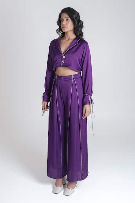 Buy Neora By Nehal Chopra Purple Bemberg Modal Silk Solid Lapel Collar Crop Top With Box-pleat Pant Online at Aza Fashions Buy_Neora By Nehal Chopra_Purple Bemberg Modal Silk Solid Lapel Collar Crop Top With Box-pleat Pant _Online_at_Aza_Fashions
