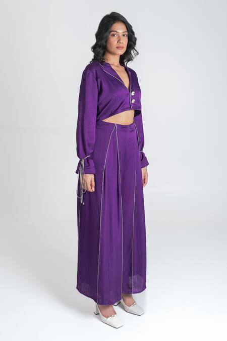 Shop Neora By Nehal Chopra Purple Bemberg Modal Silk Solid Lapel Collar Crop Top With Box-pleat Pant Online at Aza Fashions Shop_Neora By Nehal Chopra_Purple Bemberg Modal Silk Solid Lapel Collar Crop Top With Box-pleat Pant _Online_at_Aza_Fashions
