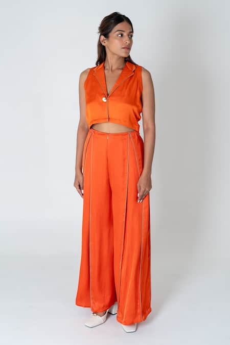 Neora By Nehal Chopra Solid Waistcoat Crop Top With Pant 