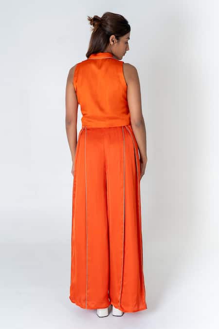 Shop Neora By Nehal Chopra Orange Bemberg Modal Silk Solid Lapel Collar Waistcoat Crop Top With Pant at Aza Fashions Shop_Neora By Nehal Chopra_Orange Bemberg Modal Silk Solid Lapel Collar Waistcoat Crop Top With Pant _at_Aza_Fashions