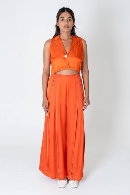 Buy Neora By Nehal Chopra Orange Bemberg Modal Silk Solid Lapel Collar Waistcoat Crop Top With Pant Online at Aza Fashions Buy_Neora By Nehal Chopra_Orange Bemberg Modal Silk Solid Lapel Collar Waistcoat Crop Top With Pant _Online_at_Aza_Fashions
