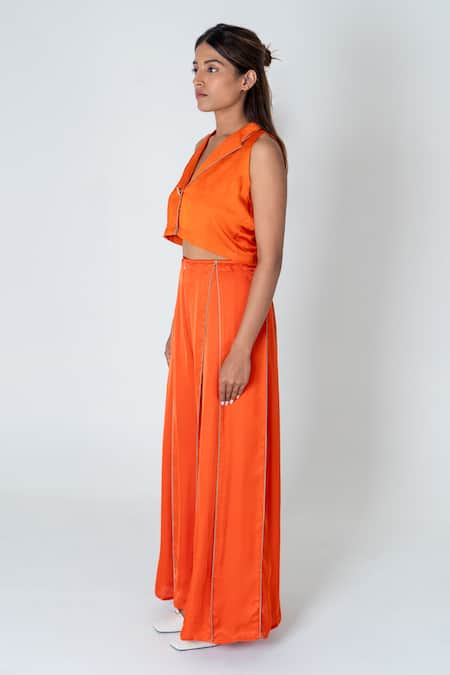 Shop Neora By Nehal Chopra Orange Bemberg Modal Silk Solid Lapel Collar Waistcoat Crop Top With Pant Online at Aza Fashions Shop_Neora By Nehal Chopra_Orange Bemberg Modal Silk Solid Lapel Collar Waistcoat Crop Top With Pant _Online_at_Aza_Fashions