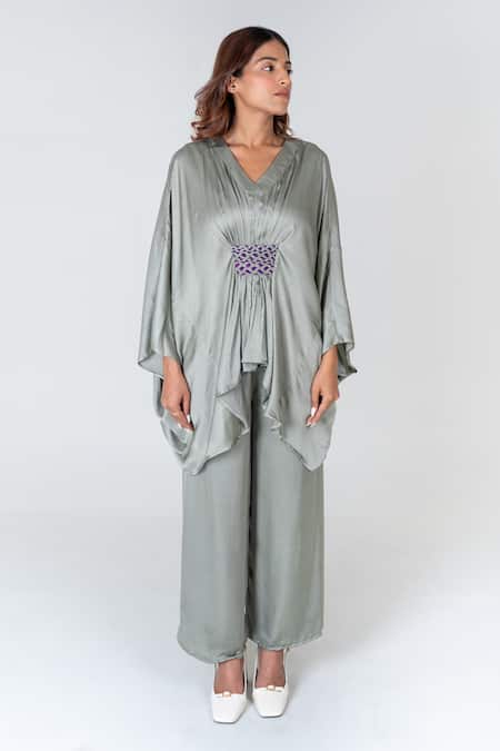 Buy Neora By Nehal Chopra Green Bemberg Modal Silk Braided Lace V-neck Waist Kaftan With Pant Online at Aza Fashions Buy_Neora By Nehal Chopra_Green Bemberg Modal Silk Braided Lace V-neck Waist Kaftan With Pant _Online_at_Aza_Fashions