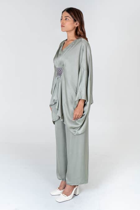 Shop Neora By Nehal Chopra Green Bemberg Modal Silk Braided Lace V-neck Waist Kaftan With Pant Online at Aza Fashions Shop_Neora By Nehal Chopra_Green Bemberg Modal Silk Braided Lace V-neck Waist Kaftan With Pant _Online_at_Aza_Fashions