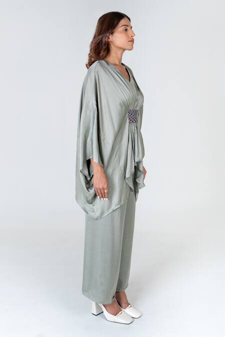 Neora By Nehal Chopra Green Bemberg Modal Silk Braided Lace V-neck Waist Kaftan With Pant at Aza Fashions Neora By Nehal Chopra_Green Bemberg Modal Silk Braided Lace V-neck Waist Kaftan With Pant _at_Aza_Fashions