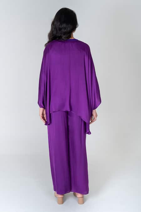 Shop Neora By Nehal Chopra Purple Bemberg Modal Silk Braided Lace V-neck Solid Asymmetric Kaftan With Pant at Aza Fashions Shop_Neora By Nehal Chopra_Purple Bemberg Modal Silk Braided Lace V-neck Solid Asymmetric Kaftan With Pant _at_Aza_Fashions
