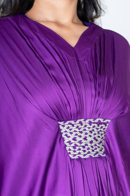 Neora By Nehal Chopra Purple Bemberg Modal Silk Braided Lace V-neck Solid Asymmetric Kaftan With Pant Online at Aza Fashions Neora By Nehal Chopra_Purple Bemberg Modal Silk Braided Lace V-neck Solid Asymmetric Kaftan With Pant _Online_at_Aza_Fashions