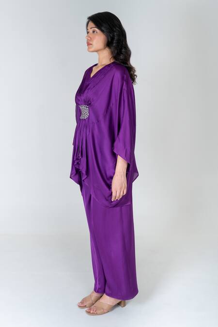 Buy Neora By Nehal Chopra Purple Bemberg Modal Silk Braided Lace V-neck Solid Asymmetric Kaftan With Pant Online at Aza Fashions Buy_Neora By Nehal Chopra_Purple Bemberg Modal Silk Braided Lace V-neck Solid Asymmetric Kaftan With Pant _Online_at_Aza_Fashions