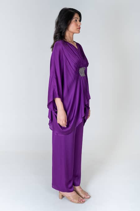 Shop Neora By Nehal Chopra Purple Bemberg Modal Silk Braided Lace V-neck Solid Asymmetric Kaftan With Pant Online at Aza Fashions Shop_Neora By Nehal Chopra_Purple Bemberg Modal Silk Braided Lace V-neck Solid Asymmetric Kaftan With Pant _Online_at_Aza_Fashions