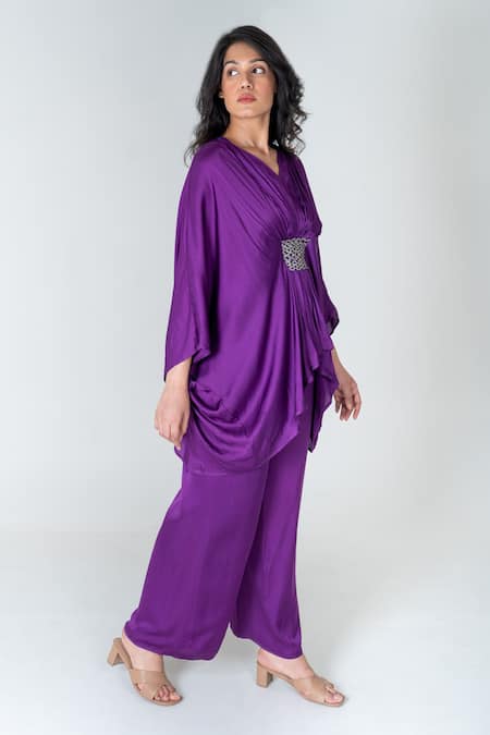 Neora By Nehal Chopra Purple Bemberg Modal Silk Braided Lace V-neck Solid Asymmetric Kaftan With Pant at Aza Fashions Neora By Nehal Chopra_Purple Bemberg Modal Silk Braided Lace V-neck Solid Asymmetric Kaftan With Pant _at_Aza_Fashions