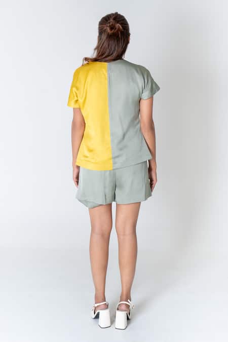 Shop Neora By Nehal Chopra Green Bemberg Modal Silk Colour Block V-neck Overlap Panel Top With Shorts at Aza Fashions Shop_Neora By Nehal Chopra_Green Bemberg Modal Silk Colour Block V-neck Overlap Panel Top With Shorts _at_Aza_Fashions