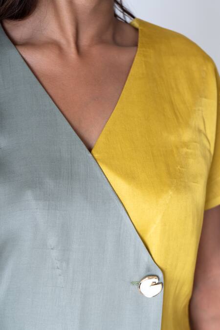 Neora By Nehal Chopra Green Bemberg Modal Silk Colour Block V-neck Overlap Panel Top With Shorts Online at Aza Fashions Neora By Nehal Chopra_Green Bemberg Modal Silk Colour Block V-neck Overlap Panel Top With Shorts _Online_at_Aza_Fashions