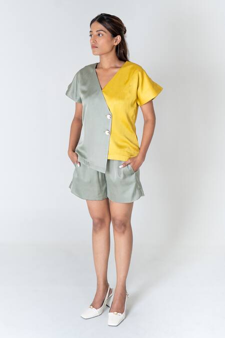 Buy Neora By Nehal Chopra Green Bemberg Modal Silk Colour Block V-neck Overlap Panel Top With Shorts Online at Aza Fashions Buy_Neora By Nehal Chopra_Green Bemberg Modal Silk Colour Block V-neck Overlap Panel Top With Shorts _Online_at_Aza_Fashions