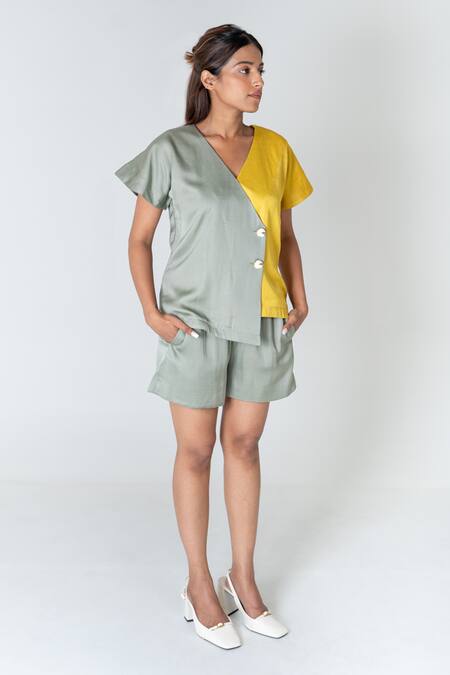 Shop Neora By Nehal Chopra Green Bemberg Modal Silk Colour Block V-neck Overlap Panel Top With Shorts Online at Aza Fashions Shop_Neora By Nehal Chopra_Green Bemberg Modal Silk Colour Block V-neck Overlap Panel Top With Shorts _Online_at_Aza_Fashions