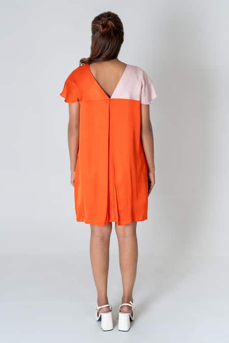 Shop Neora By Nehal Chopra Orange Bemberg Modal Silk Colour Block V-neck Dress at Aza Fashions Shop_Neora By Nehal Chopra_Orange Bemberg Modal Silk Colour Block V-neck Dress _at_Aza_Fashions