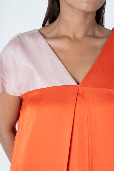Neora By Nehal Chopra Orange Bemberg Modal Silk Colour Block V-neck Dress Online at Aza Fashions Neora By Nehal Chopra_Orange Bemberg Modal Silk Colour Block V-neck Dress _Online_at_Aza_Fashions