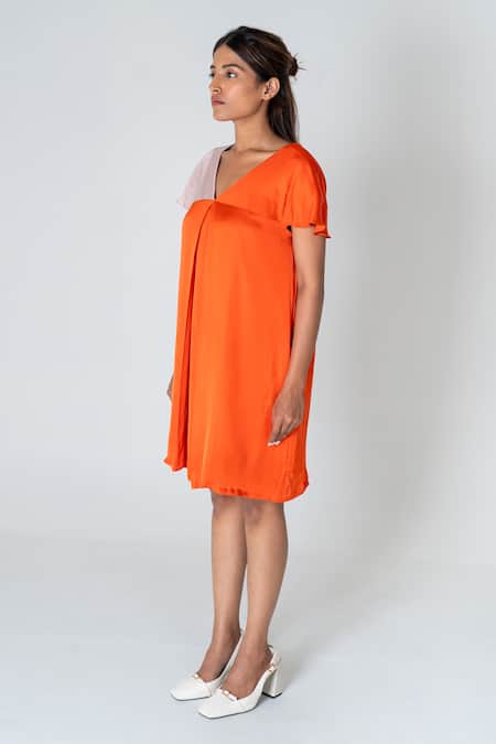 Buy Neora By Nehal Chopra Orange Bemberg Modal Silk Colour Block V-neck Dress Online at Aza Fashions Buy_Neora By Nehal Chopra_Orange Bemberg Modal Silk Colour Block V-neck Dress _Online_at_Aza_Fashions
