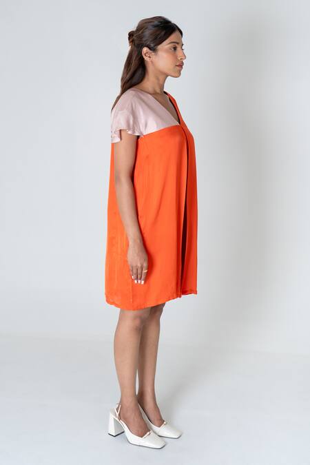 Shop Neora By Nehal Chopra Orange Bemberg Modal Silk Colour Block V-neck Dress Online at Aza Fashions Shop_Neora By Nehal Chopra_Orange Bemberg Modal Silk Colour Block V-neck Dress _Online_at_Aza_Fashions