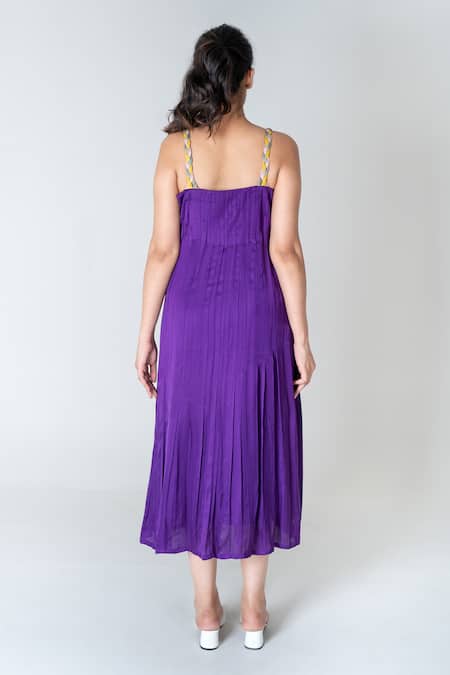 Shop_Neora By Nehal Chopra_Purple Bemberg Modal Silk Solid Square Pleated Dress _at_Aza_Fashions