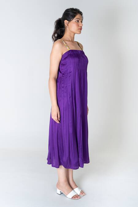 Shop_Neora By Nehal Chopra_Purple Bemberg Modal Silk Solid Square Pleated Dress _Online_at_Aza_Fashions