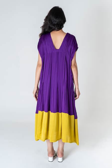Shop Neora By Nehal Chopra Purple Bemberg Modal Silk Colour Block Square Pleated Dress at Aza Fashions Shop_Neora By Nehal Chopra_Purple Bemberg Modal Silk Colour Block Square Pleated Dress _at_Aza_Fashions