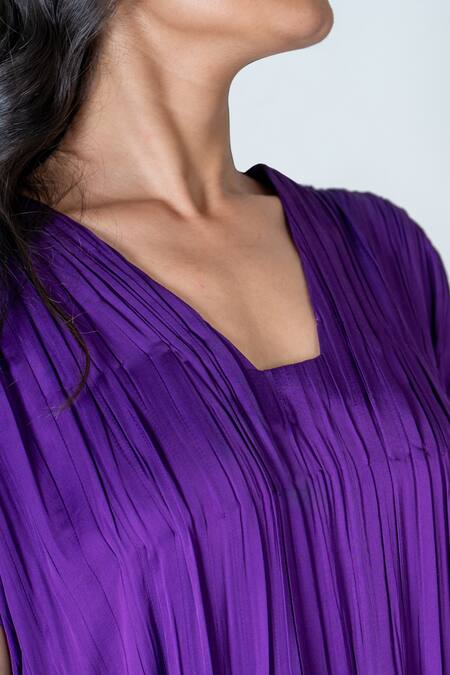 Neora By Nehal Chopra Purple Bemberg Modal Silk Colour Block Square Pleated Dress Online at Aza Fashions Neora By Nehal Chopra_Purple Bemberg Modal Silk Colour Block Square Pleated Dress _Online_at_Aza_Fashions