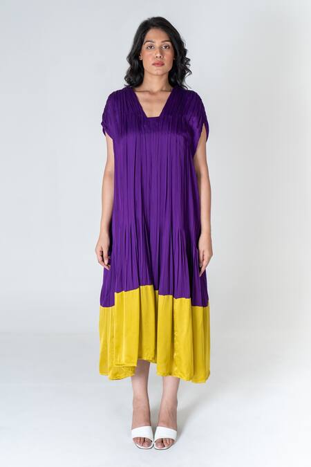 Buy Neora By Nehal Chopra Purple Bemberg Modal Silk Colour Block Square Pleated Dress Online at Aza Fashions Buy_Neora By Nehal Chopra_Purple Bemberg Modal Silk Colour Block Square Pleated Dress _Online_at_Aza_Fashions
