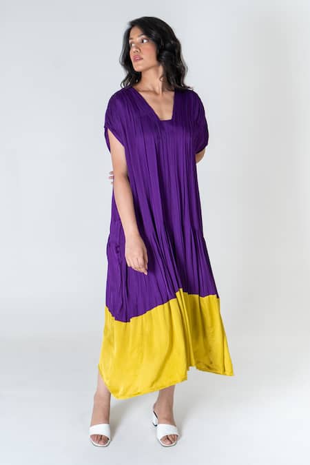 Shop Neora By Nehal Chopra Purple Bemberg Modal Silk Colour Block Square Pleated Dress Online at Aza Fashions Shop_Neora By Nehal Chopra_Purple Bemberg Modal Silk Colour Block Square Pleated Dress _Online_at_Aza_Fashions