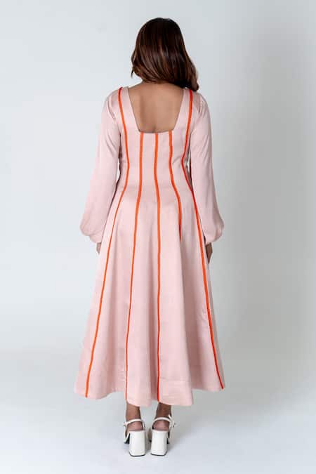 Shop Neora By Nehal Chopra Pink Bemberg Modal Silk Braided Lace Square Striped Dress at Aza Fashions Shop_Neora By Nehal Chopra_Pink Bemberg Modal Silk Braided Lace Square Striped Dress _at_Aza_Fashions