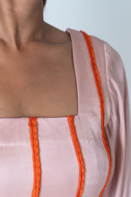 Neora By Nehal Chopra Pink Bemberg Modal Silk Braided Lace Square Striped Dress Online at Aza Fashions Neora By Nehal Chopra_Pink Bemberg Modal Silk Braided Lace Square Striped Dress _Online_at_Aza_Fashions