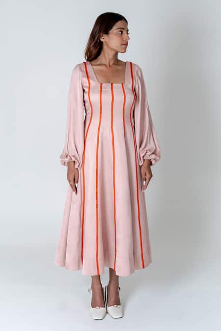 Buy Neora By Nehal Chopra Pink Bemberg Modal Silk Braided Lace Square Striped Dress Online at Aza Fashions Buy_Neora By Nehal Chopra_Pink Bemberg Modal Silk Braided Lace Square Striped Dress _Online_at_Aza_Fashions