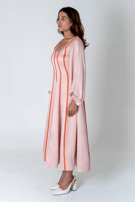 Shop Neora By Nehal Chopra Pink Bemberg Modal Silk Braided Lace Square Striped Dress Online at Aza Fashions Shop_Neora By Nehal Chopra_Pink Bemberg Modal Silk Braided Lace Square Striped Dress _Online_at_Aza_Fashions