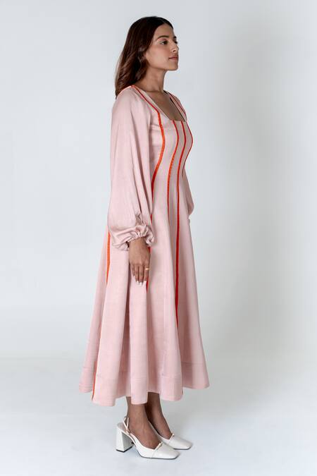 Neora By Nehal Chopra Pink Bemberg Modal Silk Braided Lace Square Striped Dress at Aza Fashions Neora By Nehal Chopra_Pink Bemberg Modal Silk Braided Lace Square Striped Dress _at_Aza_Fashions