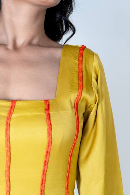 Neora By Nehal Chopra Yellow Bemberg Modal Silk Braided Lace Square Striped Dress Online at Aza Fashions Neora By Nehal Chopra_Yellow Bemberg Modal Silk Braided Lace Square Striped Dress _Online_at_Aza_Fashions