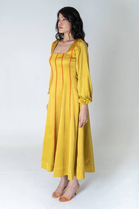 Shop Neora By Nehal Chopra Yellow Bemberg Modal Silk Braided Lace Square Striped Dress Online at Aza Fashions Shop_Neora By Nehal Chopra_Yellow Bemberg Modal Silk Braided Lace Square Striped Dress _Online_at_Aza_Fashions