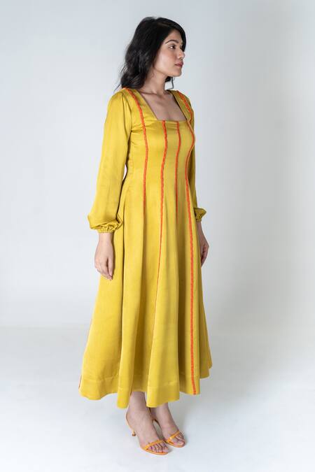 Neora By Nehal Chopra Yellow Bemberg Modal Silk Braided Lace Square Striped Dress at Aza Fashions Neora By Nehal Chopra_Yellow Bemberg Modal Silk Braided Lace Square Striped Dress _at_Aza_Fashions